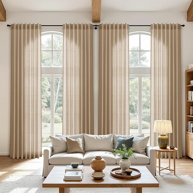 Aersas Sand Beige Linen Curtains 96 Inches Length for Living Room Flax Texture Wave Fabric Semi Sheer with Rod Pocket Back Tab for Bedroom Balcony Light Filtering Neutral Home Decor 52x96