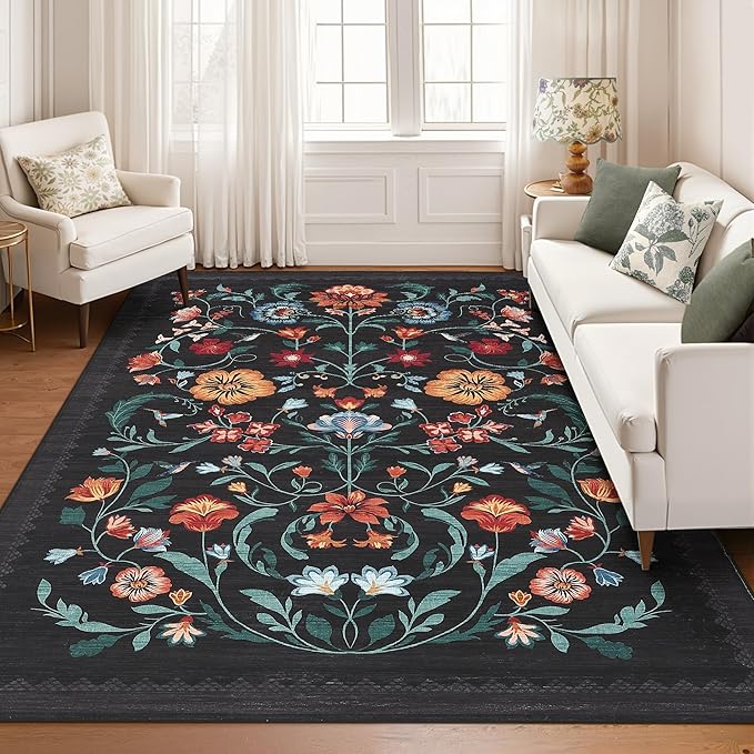 GarveeHome Washable Rug 9x12 Area Rugs for Living Room, Floral Rug for Bedroom, Soft Vintage Non Slip Throw Rugs with Rubber Back, Low Pile Stain Resistant Boho Floral Carpet for Dining Room, Black