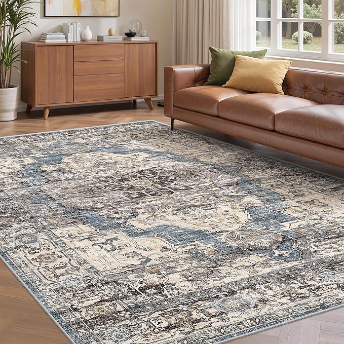 befbee 6x9 Area Rugs for Living Room,Super Soft Ultra-Thin Stain Resistant Machine Washable Rugs for Bedroom,Non-Slip Backing Large Area Rug(Blue/Black,6'x9')
