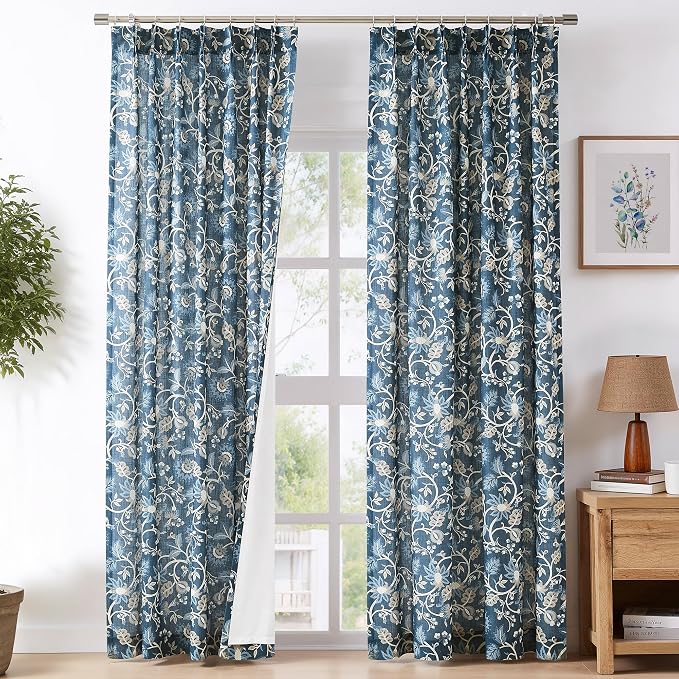 Vision Home Navy Floral Pinch Pleat Light Filtering Curtains, Linen Pleated Drapes with Microfiber Liner & Back Tab Hooks for Living Room Bedroom, Vine Botanical Print Panels 40x84 Inch Set of 2