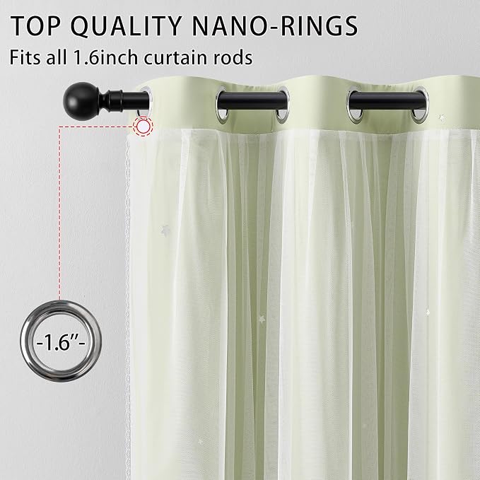 XiDi Green Short Blackout Curtains for Bedroom 54 Inches Long 2 Panels Set, Hollw Star Design, Thermal Insulated Energy Saving Window Treatment Curtains Blackout Drapes, W34 x L54 Inch, Sage Green
