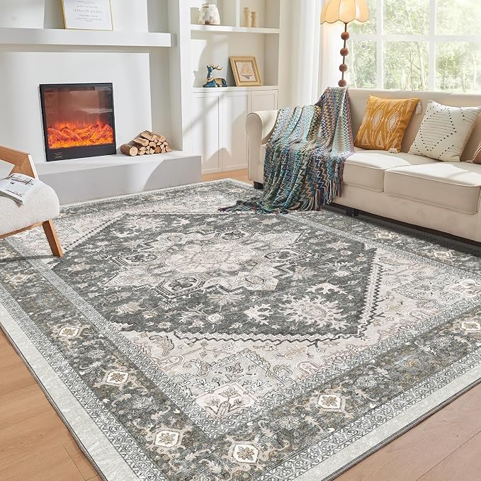 OPPODREAM Soft 8x10 Area Rugs, Washable Rugs 8x10 with Non Slip Backing, Faux Cashmere Low-Pile 8 x 10 Carpet, Greenish Grey