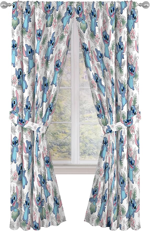 Jay Franco Window Curtains for Kids Bedroom 4-Piece Drape Set with 2 Tiebacks, Multi - Lilo & Stitch, 42" W x 84" L (Pack of 2)