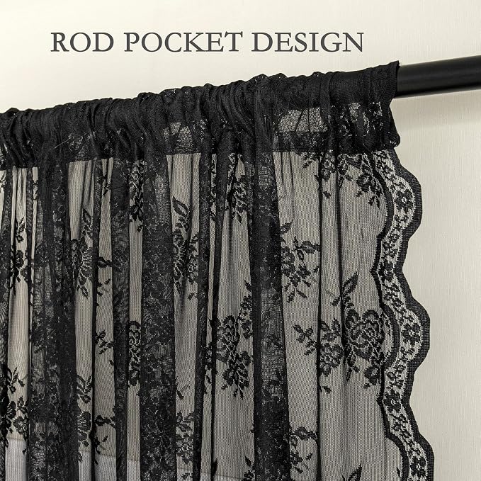MEETSKY Black Lace Curtains 54 Inch Length Set of 2, Short Victorian Sheer Halloween Holiday Party Decor Rod Pocket Window Treatments for Small Windows, Each Panel 50" W x 54" L #2 Black