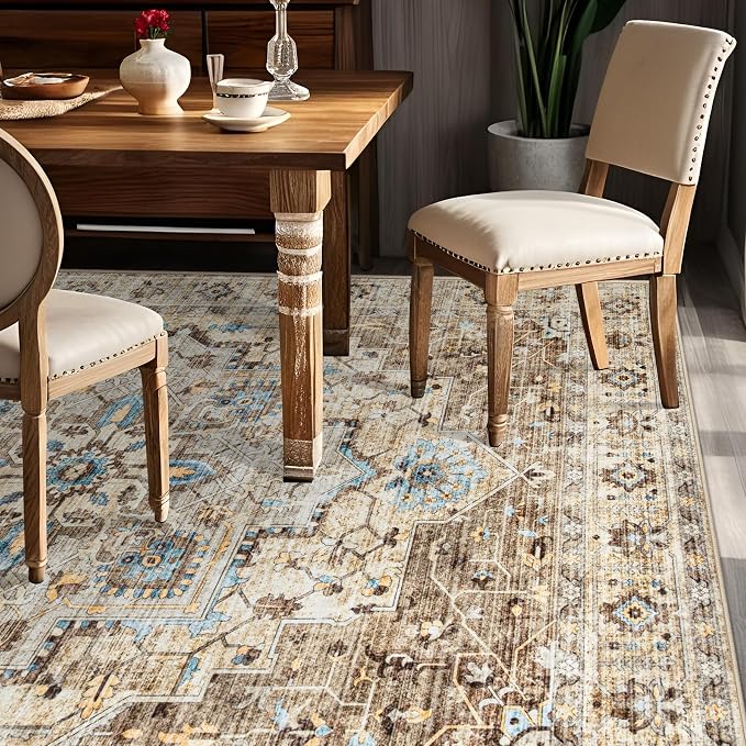 Area Rug 6x9 Vintage Rug: Washable Indoor Medallion Rugs Low Pile Distressed Floor Carpet Retro Accent Rug for Living Room Bedroom Kitchen Dining Table Home Office(Brown/Blue, 6'x9')