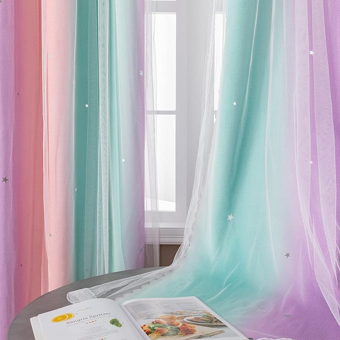 XiDi Curtains for Bedroom Decor, Rainbows Pink Purple Green 42/45/1