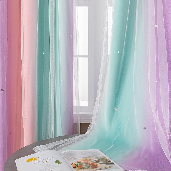 XiDi Curtains for Bedroom Decor, Kids Room Curtains for Girls Rainbow Colour, Pink Purple Green 42/102/1