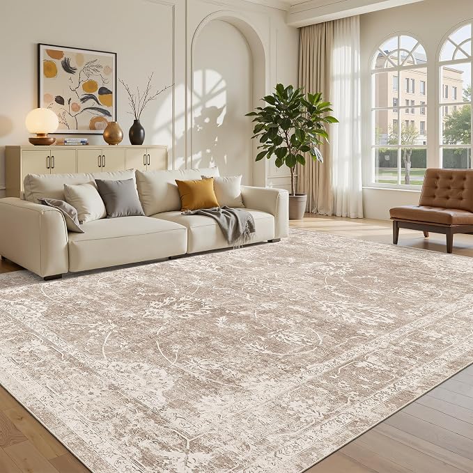 Madane Washable 7x9 Area Rugs for Living Room, Vintage Natural Rug with Non-Slip Backing, Soft Stain Resistant Throw Rugs Thin Carpet for Bedroom Dining Room Farmhouse (7 x 9, Brown/Sand)