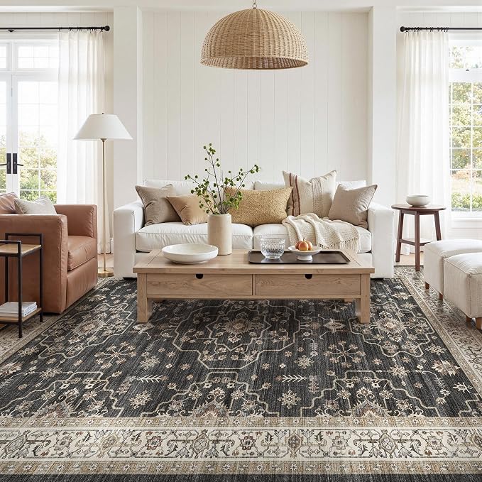 Area Rug for Living Room - 7x9 Soft Washable Oriental Vintage Floral Distressed Large Carpet - Fade Stain Resistant Non Slip Rugs for Bedroom Dining Room Nursery Dorm Office Home Decor - Black