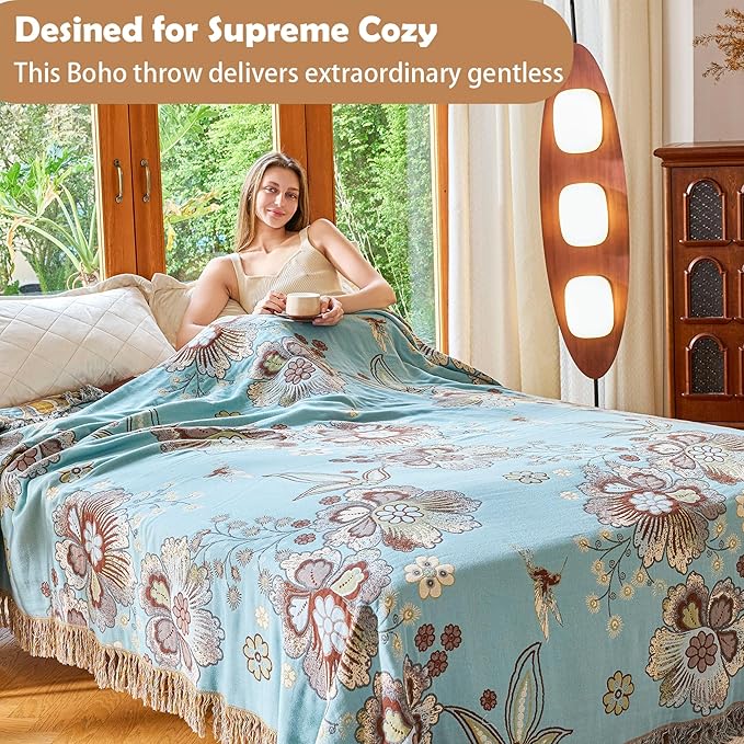 VANJOROY King Boho Throw Blanket 91" x 98", 100% Organic Cotton Breathable Skin-Friendly Ultra Soft Bed Quilt Blue Throw - Floral Rustic Decor Luxury Reversible Blanket for Sofa Couch Chair and Gift