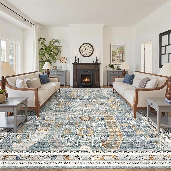 befbee 10x14 Area Rugs,Ultra-Thin Washable Rugs for Living Room,Non-Slip Lightweight Foldable Area Rug,Stain Resistant Vintage Large Rugs(Blue/Gold,10'x14')