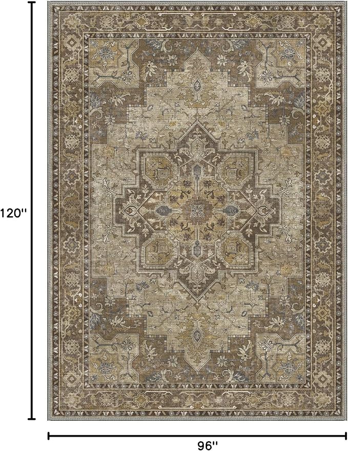 GENIMO 8x10 Area Rugs for Living Room, Machine Washable Non Slip Vintage Rugs, Low Pile Lightweight Print Rug for Bedroom, Dining Room, Home Office, Rustic Brown