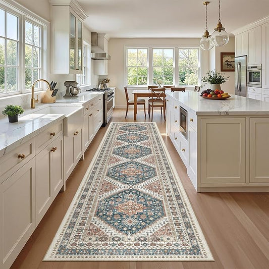 Madane Hallway Runner Rug 2'6''x12' Kitchen Runners Vintage, Navy Blue | Non-Slip Washable Rugs 12ft for Laundry Room, Entryway and Bedroom, Soft Low Pile Stain-Resistant Wide 2.5x12 Ft Floor Carpet