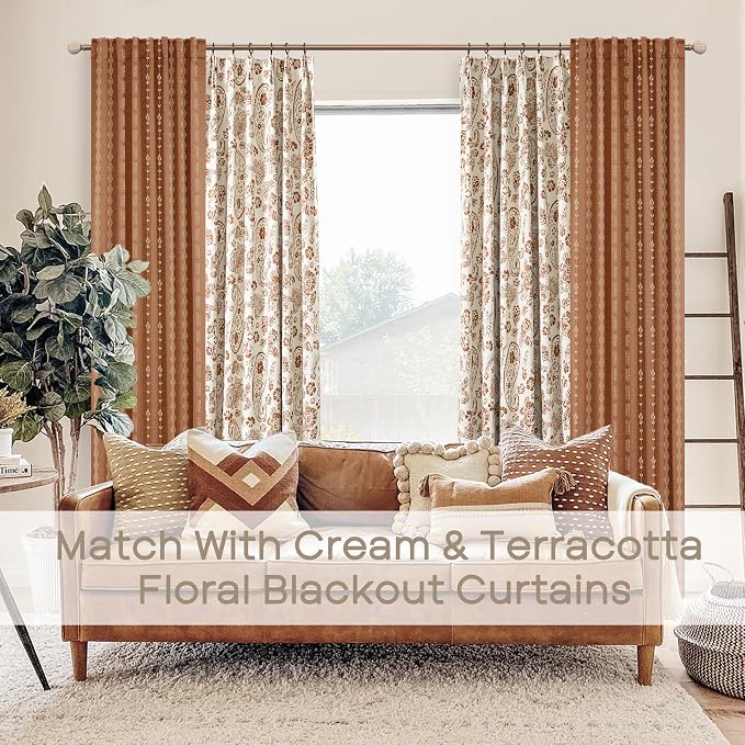 Terracotta Boho Blackout Curtains 84 Inch Long for Bedroom Living Room, Rust Burnt Orange Floral Decorative Patterned Drapes, Rustic Western Farmhouse Black Out Window Panels, Set of 2