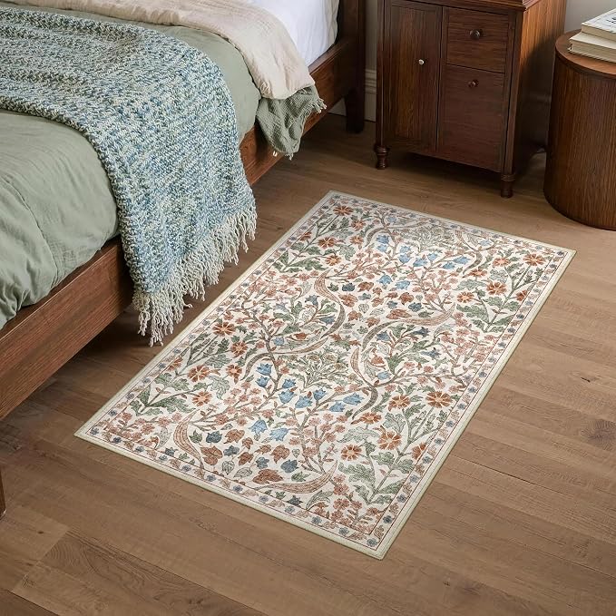 2x3 Washable Area Rug for Entryway Vintage Boho Floral Rug Non-Slip Low Pile Soft Faux Wool Small Carpet Kids and Pets Friendly for Bathroom Bedroom Kitchen Hallway Bedside Home Decor Rug Beige