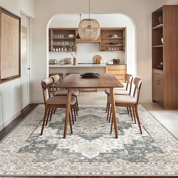 GENIMO 5x7 Area Rugs for Living Room, Machine Washable Non Slip Vintage Rugs, Low Pile Lightweight Print Rug for Bedroom, Dining Room, Home Office, Heathered Grey