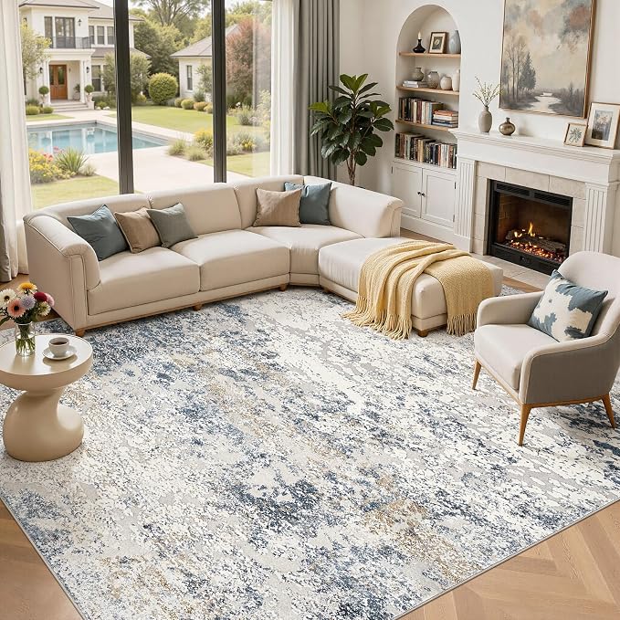 DMOYEST Area Rug Living Room Rugs - 12x18 Washable Extra Large Soft Indoor Neutral Modern Abstract Low Pile Rug Carpet for Bedroom Dining Room Farmhouse Home Office - Beige Blue