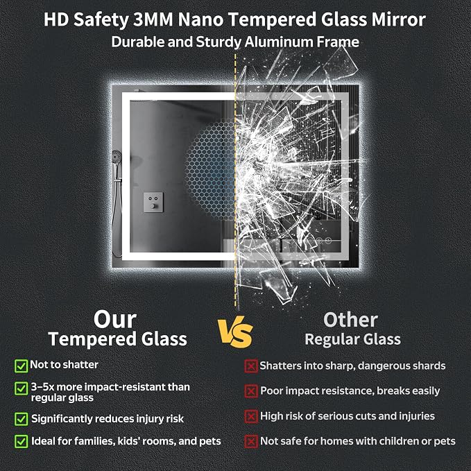 48"x36" LED Bathroom Mirror with Lights, Backlit + Front Lit with CRI>90, Lighted Mirror for Bathroom, Anti-Fog, Dimmable Brightness, 3 Colors, Memory Function, Shatterproof Tempered Glass
