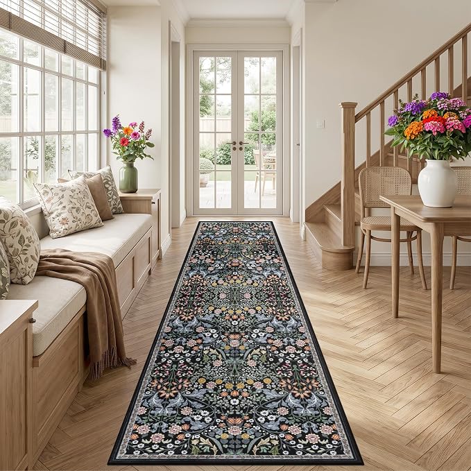 Runner Rug for Entryway: 2.6x14 Kitchen Rugs Non Slip Washable Ultra-Thin Soft Floral Carpet Indoor Floor Stain Resistant Carpets for Hallway Bedroom Kitchen Laundry Bathroom Dorm Dark Black