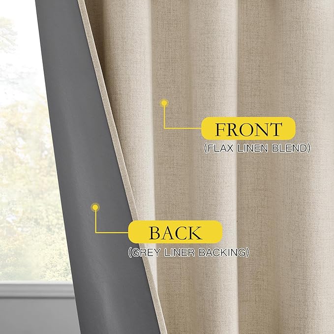 NICETOWN Farmhouse Style 100% Blackout Cream Linen Curtains 90 inches Length, 2 Panels, 52" W, Room Cooling Window Draperies with Thermal Insulated Liners for Dining Room