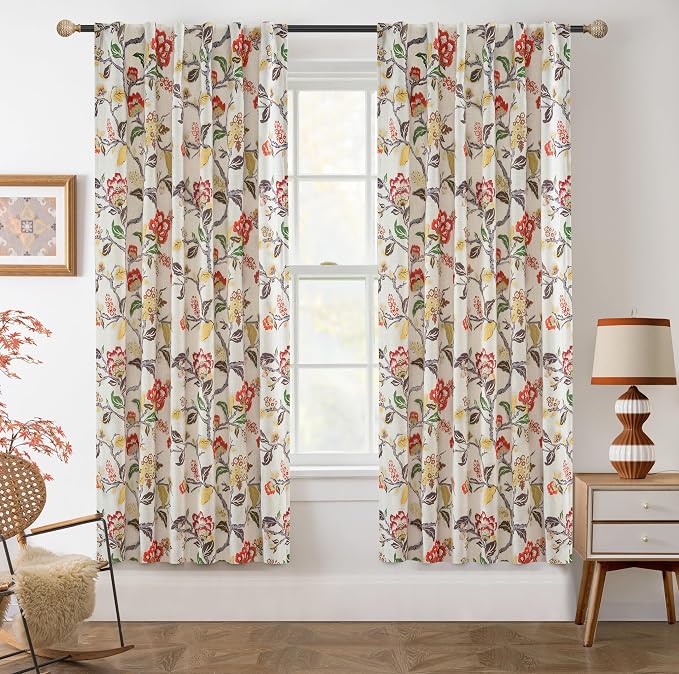 DriftAway Ada Floral Botanical Print Flower Leaf Lined Thermal Insulated Room Darkening Linen Blackout Back Tab Window Curtains 2 Layers Set of 2 Panels Each 52 Inch by 63 Inch Orange Terra Cotta