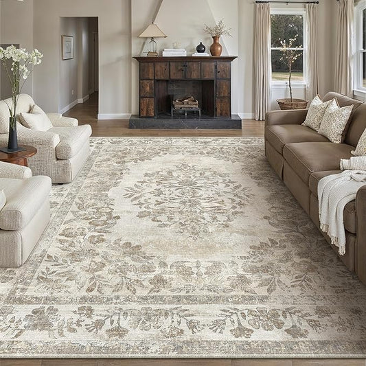 PureCozy 8x10 Area Rug Beige Washable Vintage Distressed Living Room Carpet Large Bedroom Indoor Medallion Floral Non Slip Retro Throw Floor Mat for Office Dining Room Kitchen Bathroom