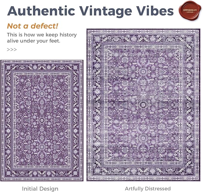 OPPODREAM Vintage Purple Area Rugs 8x10, 8 x 10 Retro Washable Rug Non Slip, Low-Pile Faux Wool Carpet, Distressed Floor Mat for Living Room, Bedroom, Office, Dorm, Dinning Room, Big & Large