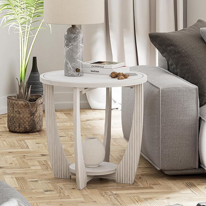 COZAYH Rustic Farmhouse end Table X 2P with Storage Shelf, French Country Accent Side Table for Family, Dinning or Living Room, Small Spaces, Modern, Round, White