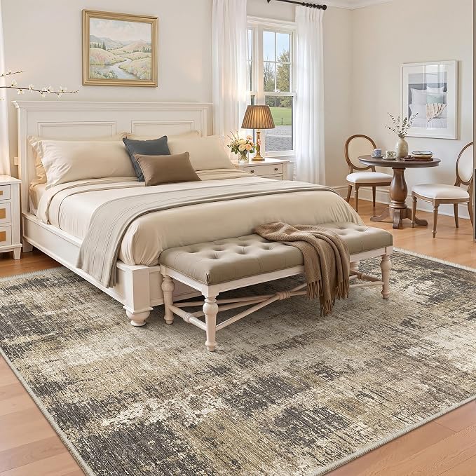 Valenrug Washable Rugs 5x7 - Stain Resistant 5x7 Area Rugs for Living Room, Non Slip Backing Abstract Rugs for Bedroom, Folable Machine Washable Area Rug(5'x7', Taupe)