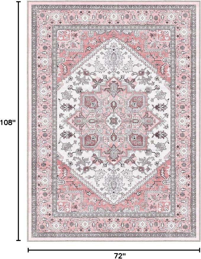 OPPODREAM Soft 6x9 Area Rugs, Washable Rug 6x9 with Non Slip Backing, Faux Cashmere Low-Pile 6 x 9 Carpet, Pink & Cream