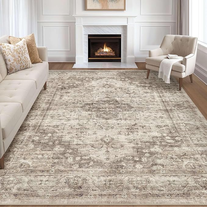 7x9 Area Rug Living Room: Washable Boho Large Neutral Vintage Soft Rug Stain Resistant Farmhouse Non Slip Indoor Floor Carpet for Bedroom Nursery Kids Playroom Office Dining Room- Tan