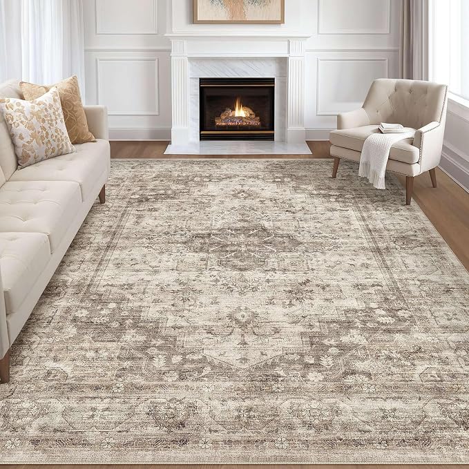 8x10 Area Rugs Living Room: Washable Boho Large Neutral Vintage Soft Rug Stain Resistant Farmhouse Non Slip Indoor Floor Carpet for Bedroom Nursery Kids Playroom Office Dining Room- Tan