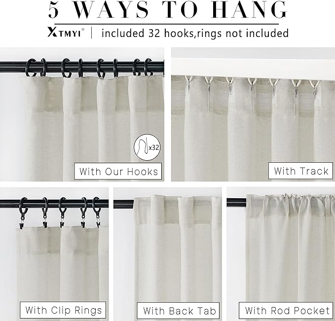 XTMYI Bathroom Window Curtains Short,Linen Cotton Sheer Boho Farmhouse Kitchen Curtains 45 Inch Length,Cream Ivory