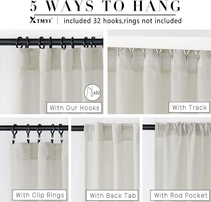 XTMYI 102 Inch Curtains 2 Panels Set Custom Length Back Tab Linen Window Sheer Privacy Thick Decorative Curtain Drapes for Living Room Bedroom,50x102 in Long,Cream(Ivory/Off White)