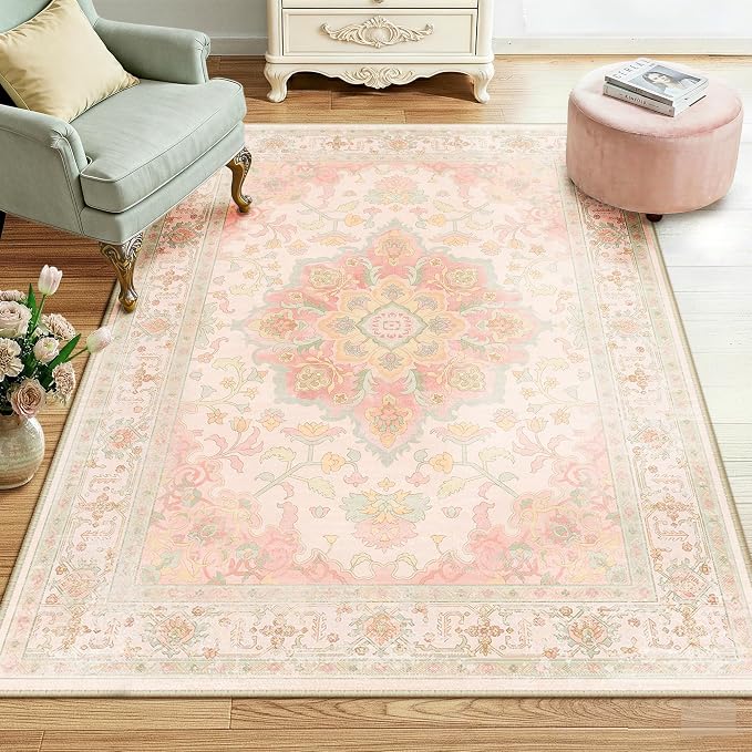 CAPALOCA Machine Washable Rugs Nursery Rug 4x6 Cute Girl Non Slip Low Pile Water Repellent Soft Print Pattern for Bedroom Indoor Decor Kids Playroom Pink Green