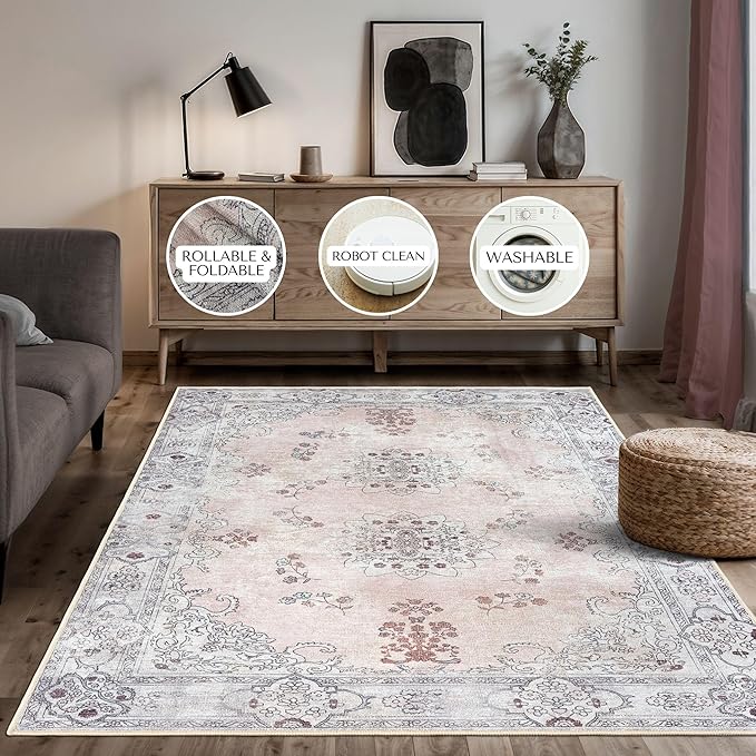 Lite Pink Oushak Long Hallway Runner Rug 2'5x12' - Boho Washable Non-Slip Runner Rugs, Vintage Turkish Eclectic Extra Long Runner Rugs for Hallway Kitchen Entryway Foyer Corridor