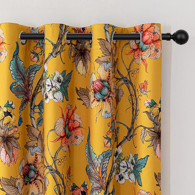 MYSKY HOME Floral 95% Blackout Curtains 54 Inches Long Thermal Insulated Light Blocking Drapes Grommet Country Coquette Window Panels, 2 Pcs, 52" Wide, Yellow