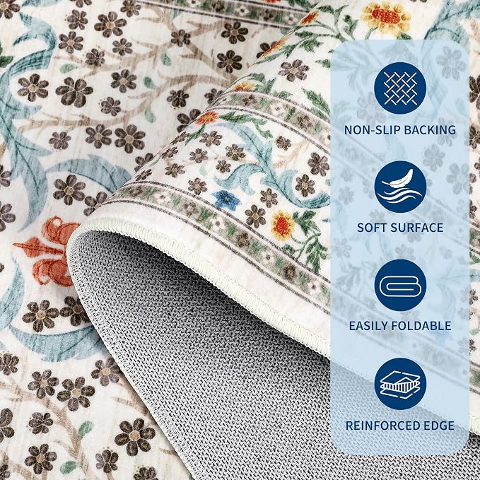 GarveeHome Beige Ivory Floral 4 ft Round Rug Washable Non-Slip Soft Low Pile Small Circle Carpet Vintage Rugs for Kitchen Bedroom Nursery Dining Living Room