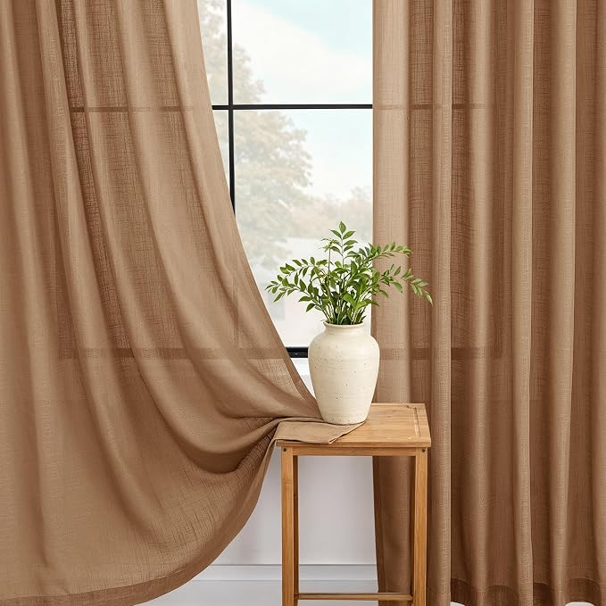Brown Curtains for Living Room Back Tab Modern Farmhouse Semi Sheer Curtains 102 inches Long 2 Panels Set Muted Neutral Window Curtain for Dining Room Bedroom 52x102