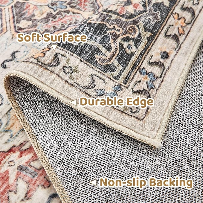 Area Rug for Living Room - 8x8 Large Soft Washable Oriental Vintage Floral Carpet Safe for Babies & Pets - Fade Stain Resistant Non Slip Rugs for Bedroom Dining Room Nursery Dorm Office Home Decor