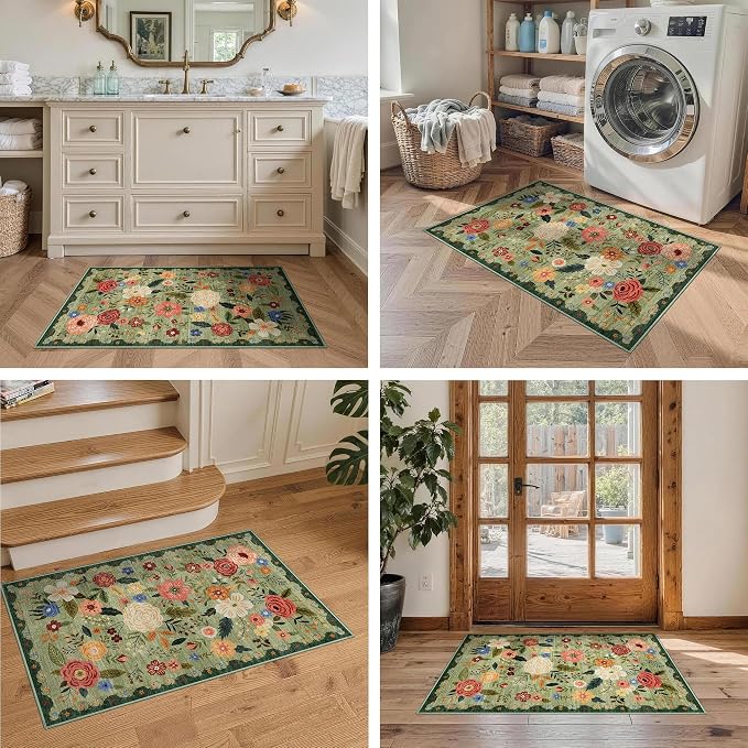 2x3 Washable Area Rug for Entryway Vintage Boho Floral Rug Non-Slip Low Pile Soft Faux Wool Small Carpet Kids and Pets Friendly for Bathroom Bedroom Kitchen Hallway Bedside Home Decor Rug Light Green