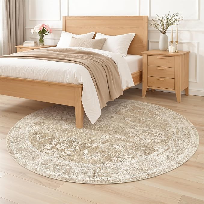 Madane Washable Round Rug 5ft for Living Room, Soft Ultra-Thin Non-Slip Vintage Floral Circle Area Rug, 5x5 Round Throw Carpet for Entryway Nursery Bedroom Kitchen Dining Room (Beige/Brown, 5'Round)
