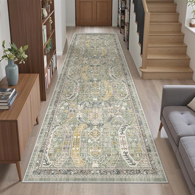 Madane Kitchen Runner 2'6''x8' Soft Rug Runners for Hallways, Green/Gold | Vintage Machine Washable Printed Rugs 2.5x8 Ft, Non-Slip Low Pile Stain-Resistant 8ft Floor Carpet for Laundry Room, Corridor