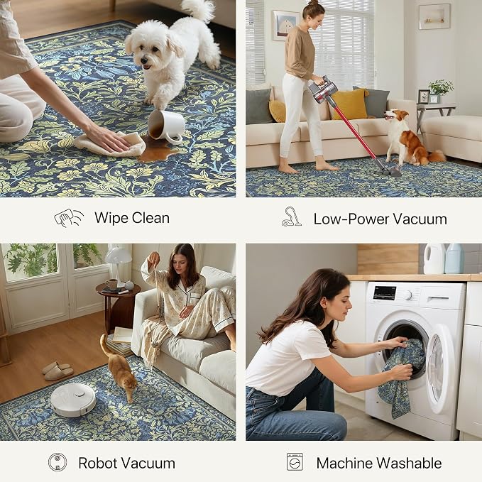 GENIMO 2x8 Washable Runner Rug, Non Slip Hallway Mat, Dark Blue | Vintage Boho Floral Low Pile Thin Mat for Entryway, Kitchen, Bedroom, Indoor Decor