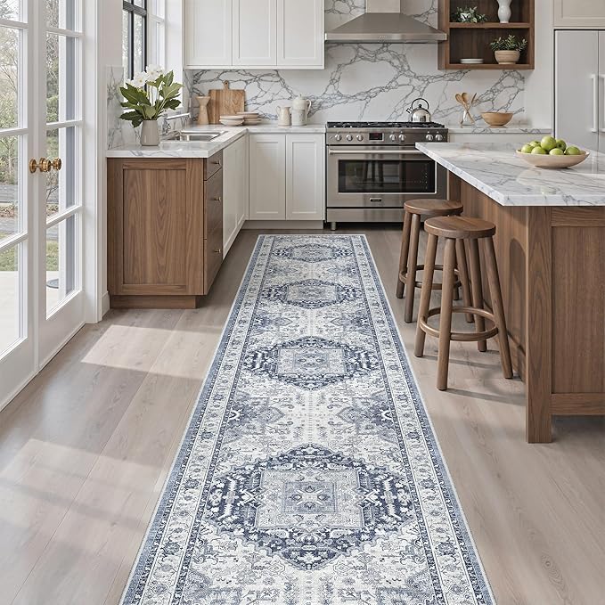 Madane Washable Runner Rugs 2x10 Long for Hallway Kitchen, Navy/White | Non-Slip Low-Pile 10ft Rug Runners Soft, Stain-Resistant Floor Carpet Mat for Entrance, Living Dining Laundry Room, Stair