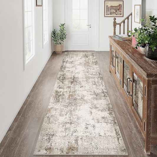 2x10 Washable Runner Rug Brown Grey Abstract Non Slip Soft Low Pile Hallway Kitchen Rug Neutral Modern Carpet for Laundry Bathroom Bedroom Living Room Home Decor