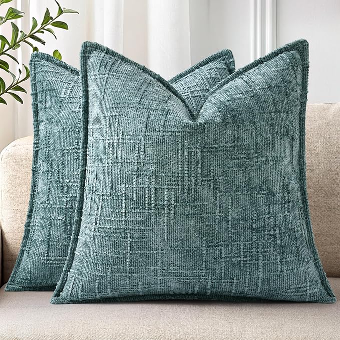 decorUhome Chenille Throw Pillow Covers 24x24 Set of 2, Soft Textured Slubby Modern Decorative Pillow Covers with Elegant Design for Couch, Sofa, Living Room, Teal