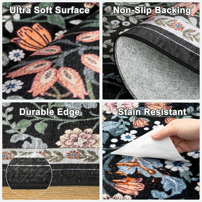 Runner Rug for Entryway: 2.6x10 Kitchen Rugs Non Slip Washable Ultra-Thin Soft Floral Carpet Indoor Floor Stain Resistant Carpets for Hallway Bedroom Kitchen Laundry Bathroom Dorm Dark Black