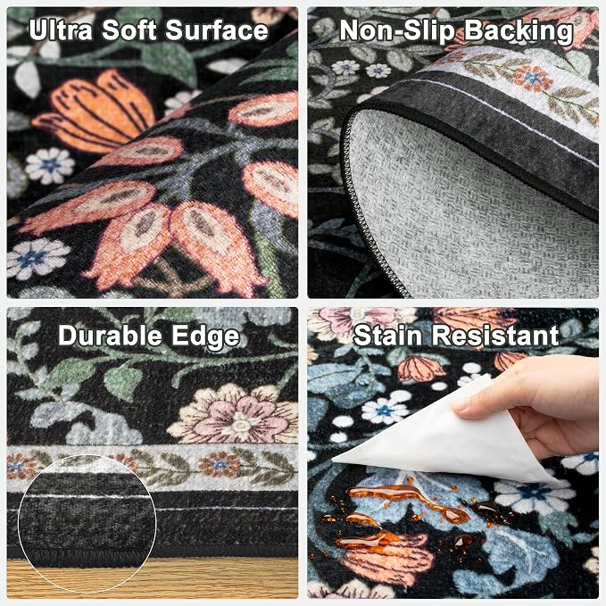 Runner Rug for Entryway: 2.6x14 Kitchen Rugs Non Slip Washable Ultra-Thin Soft Floral Carpet Indoor Floor Stain Resistant Carpets for Hallway Bedroom Kitchen Laundry Bathroom Dorm Dark Black