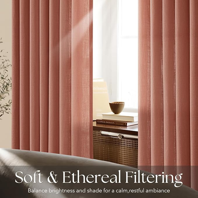 Terracotta Pinch Pleated Linen Curtains 90 Inch Length 2 Panels for Living Room Bedroom Textured Semi Sheer Drapes Pinch Pleat Rings Window Curtain 40x90